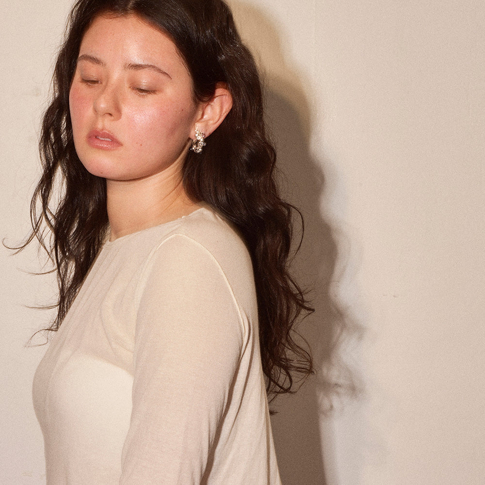 【LIMITED NUMBER/リミテッドナンバー】MELLOW パール クリア ミックス バブル フープ風 クリップイヤリング シリコンカバー付き