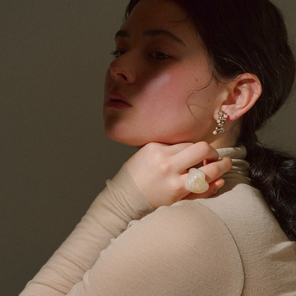 【LIMITED NUMBER/リミテッドナンバー】MELLOW パール クリア ミックス バブル フープ風 クリップイヤリング シリコンカバー付き