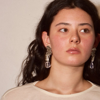 【LIMITED NUMBER/リミテッドナンバー】MELLOW クラッシュ プレート マーブル クリア ストーンビーズ クリップイヤリング シリコンカバー付き