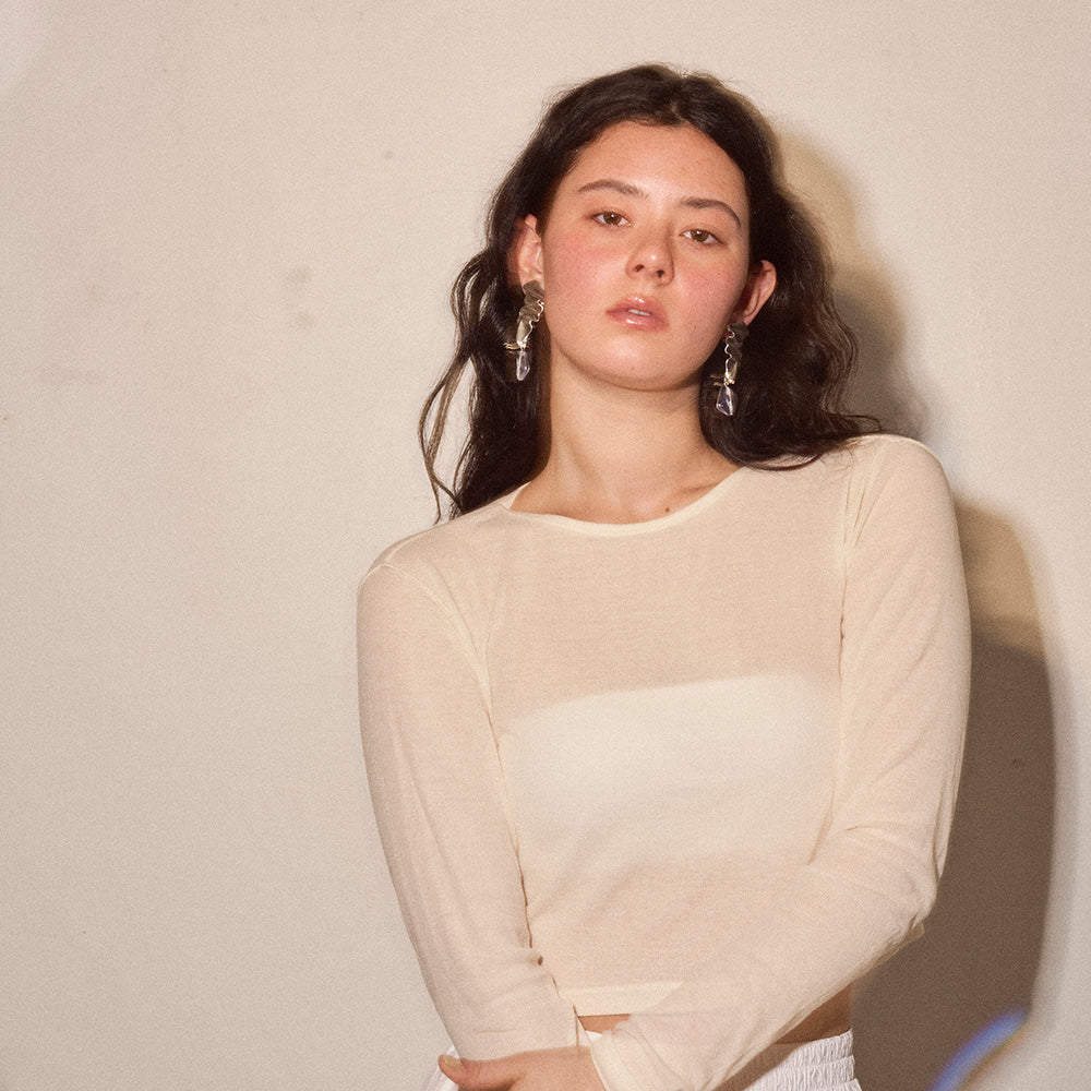 【LIMITED NUMBER/リミテッドナンバー】MELLOW クラッシュ プレート マーブル クリア ストーンビーズ クリップイヤリング シリコンカバー付き