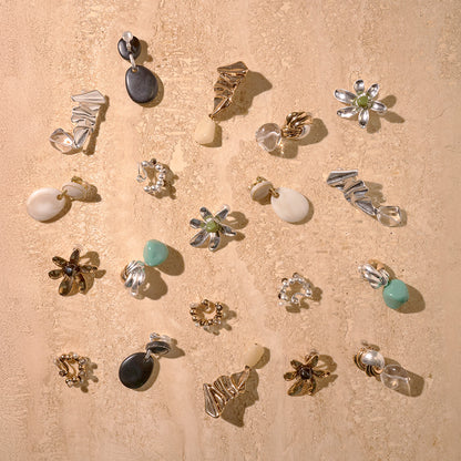 【LIMITED NUMBER/リミテッドナンバー】MELLOW クラッシュ プレート マーブル クリア ストーンビーズ クリップイヤリング シリコンカバー付き