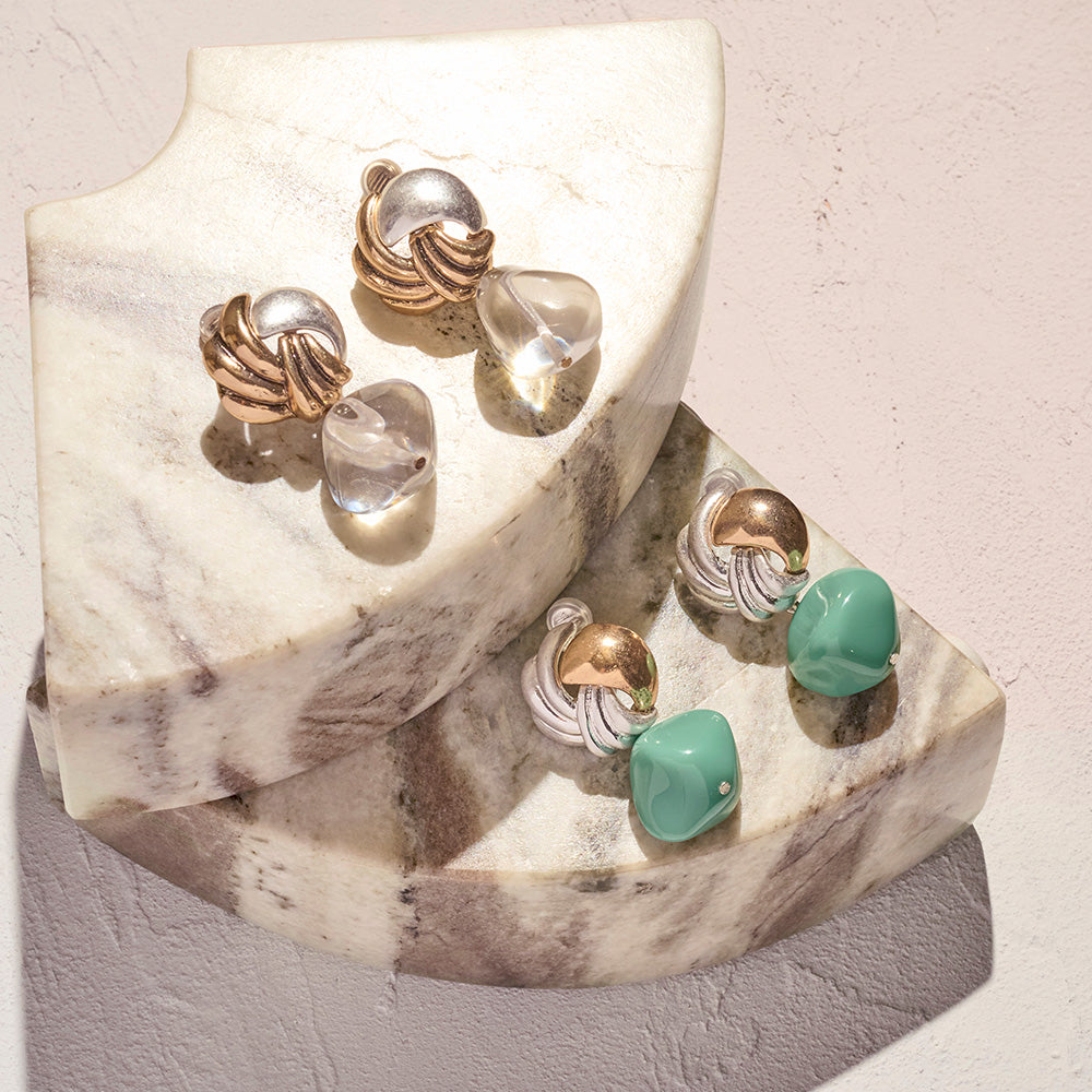 【LIMITED NUMBER/リミテッドナンバー】MELLOW アンティーク調 ボタン コンビカラー クリア カラー ストーンビーズ クリップイヤリング シリコンカバー付き