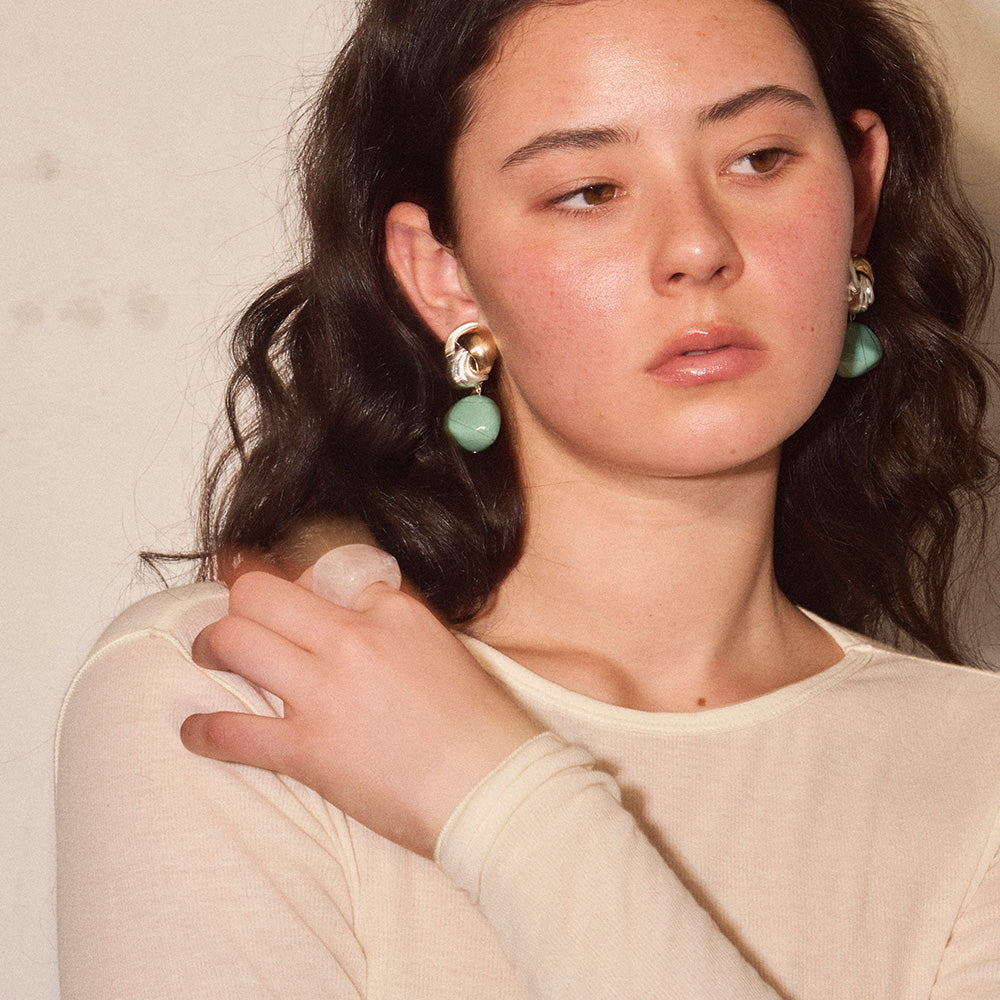 【LIMITED NUMBER/リミテッドナンバー】MELLOW アンティーク調 ボタン コンビカラー クリア カラー ストーンビーズ クリップイヤリング シリコンカバー付き