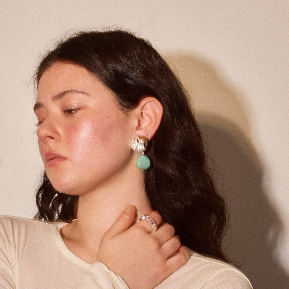 【LIMITED NUMBER/リミテッドナンバー】MELLOW アンティーク調 ボタン コンビカラー クリア カラー ストーンビーズ クリップイヤリング シリコンカバー付き