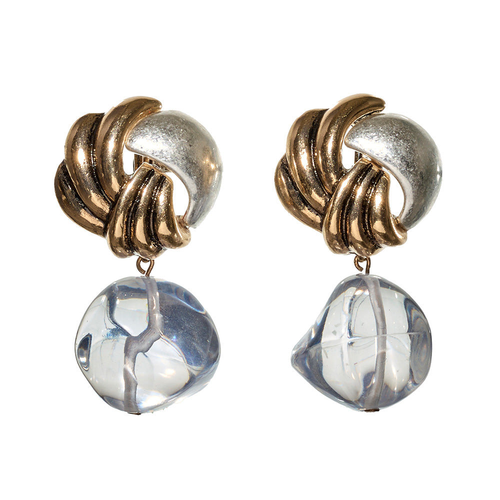 【LIMITED NUMBER/リミテッドナンバー】MELLOW アンティーク調 ボタン コンビカラー クリア カラー ストーンビーズ クリップイヤリング シリコンカバー付き