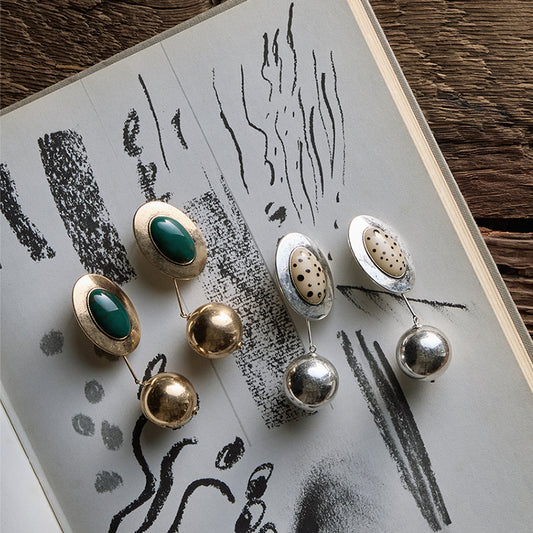 【LIMITED NUMBER】Vintage Like ピアス ニッケルフリー メタル オーバル マーブル ストーン スイング ボール チャーム 2way チタンポスト スタッドピアス