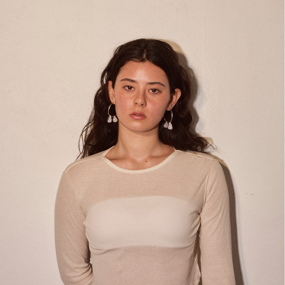 【LIMITED NUMBER/リミテッドナンバー】MELLOW ダブル クリア マーブル カラー ストーンビーズ カーブ ドロップ チタンポスト フープピアス