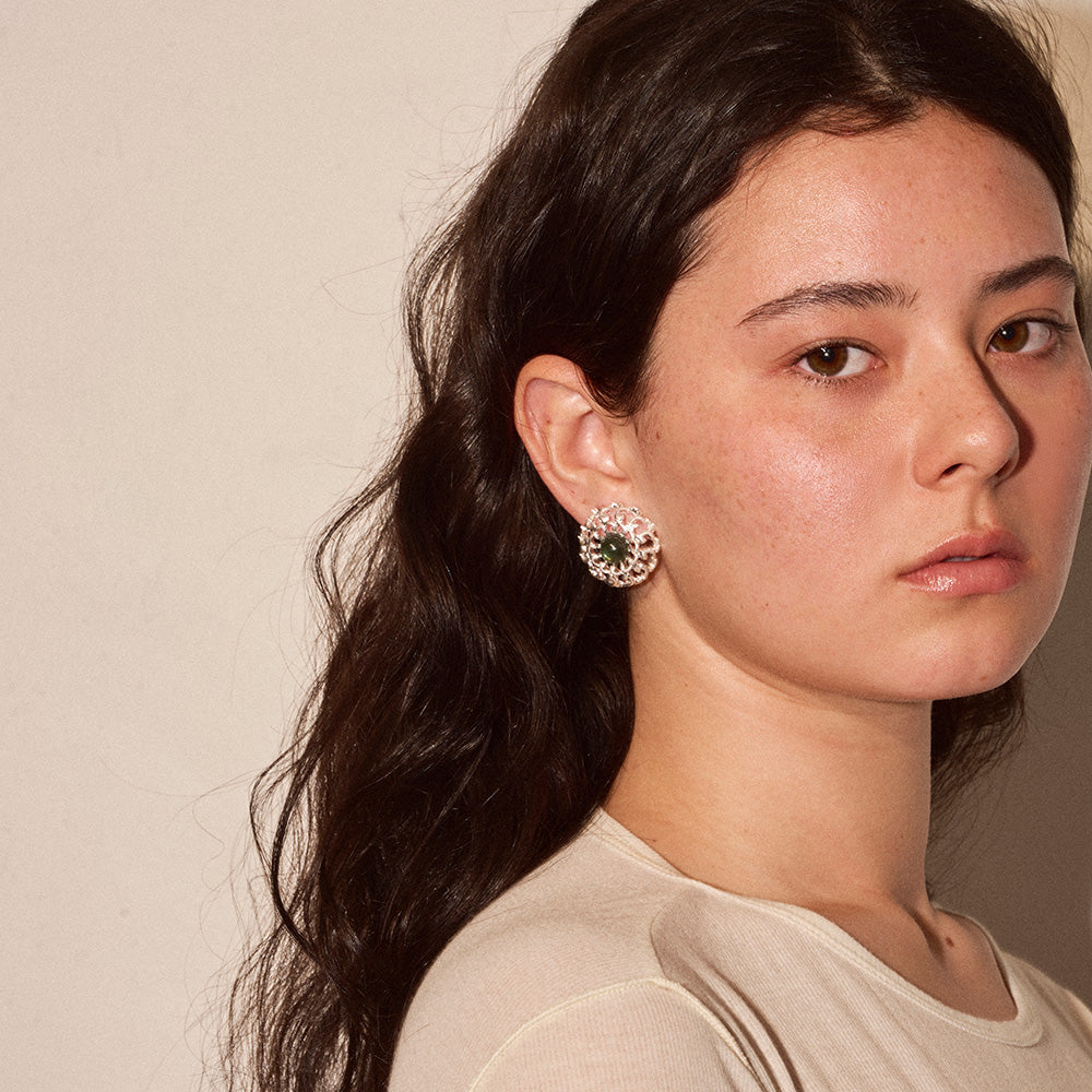 【LIMITED NUMBER/リミテッドナンバー】MELLOW 透かし アンティーク調 ボタン ストーンビーズ チタンポスト スタッドピアス