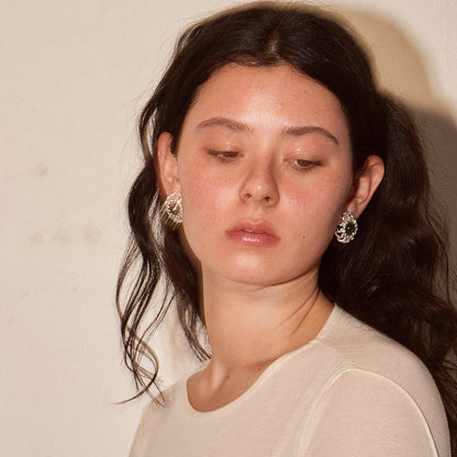 【LIMITED NUMBER/リミテッドナンバー】MELLOW 透かし アンティーク調 ボタン ストーンビーズ チタンポスト スタッドピアス