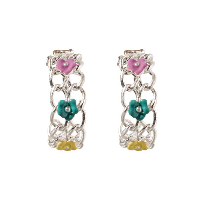 【LIMITED NUMBER/リミテッドナンバー】Vintage Like ピアス ニッケルフリー メタル カラフル ミニ フラワー チェーン C型 チタンポスト スタッドピアス